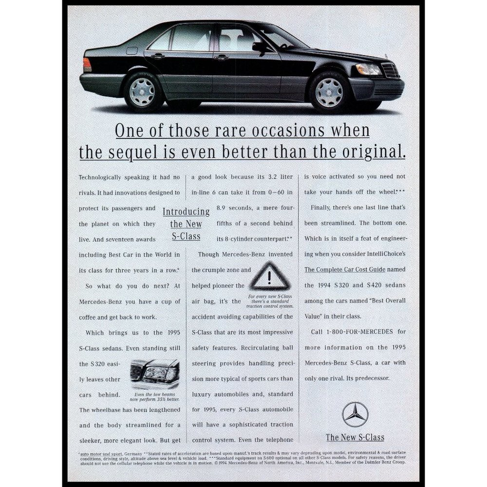 1994 Mercedes S Class Luxury Sedan Vintage Print Ad Black German Car Wall Art
